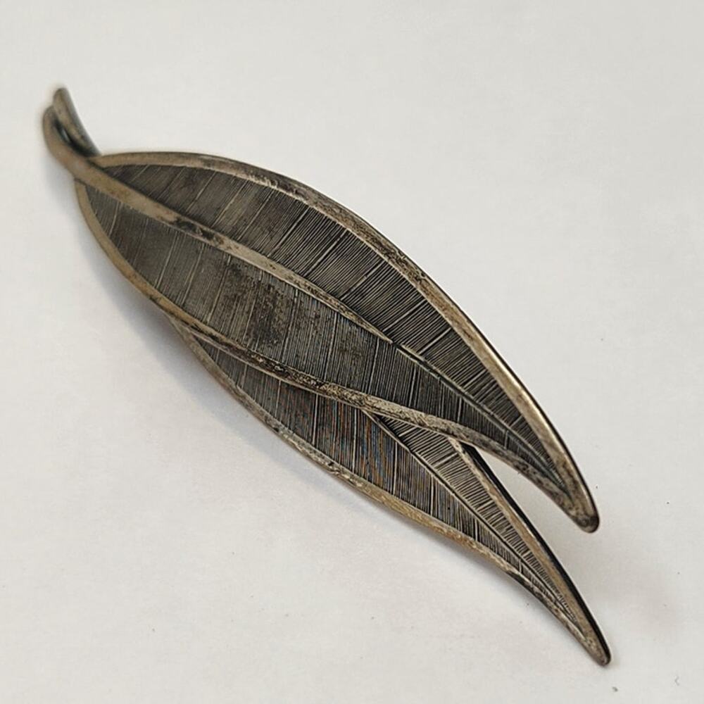 Beau Sterling Silver Double Leaf Brooch Pin Vintage Jewelry Textured Layered
